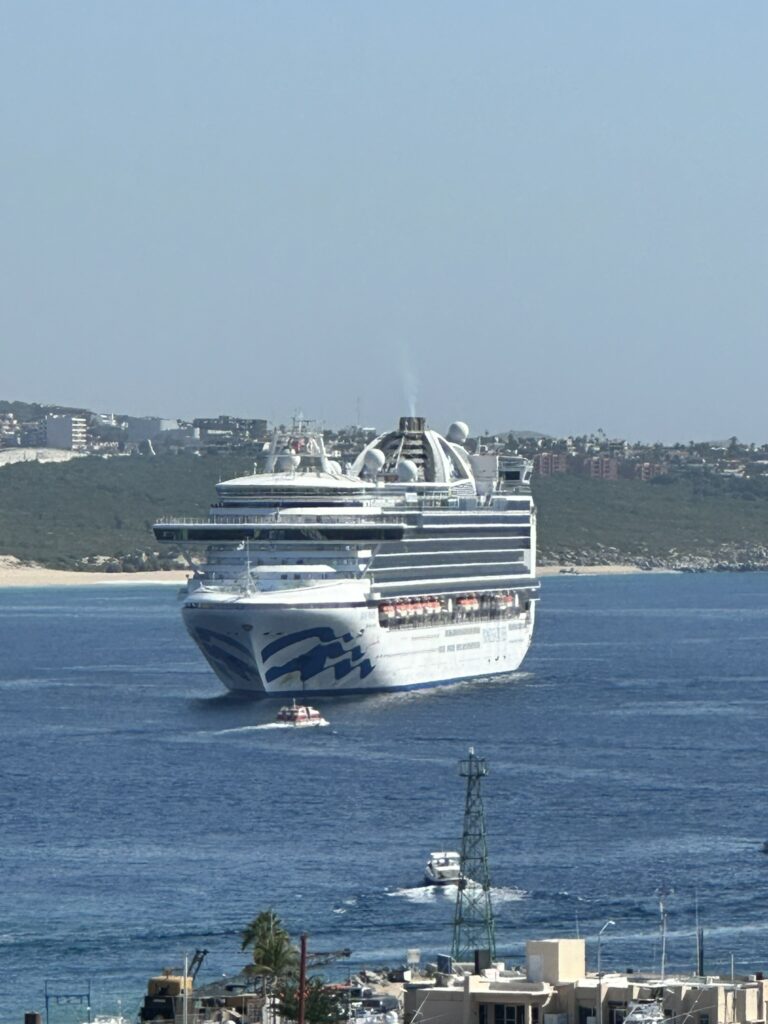 A cruise ship docked in the marina in Cabo San Lucas Mexico